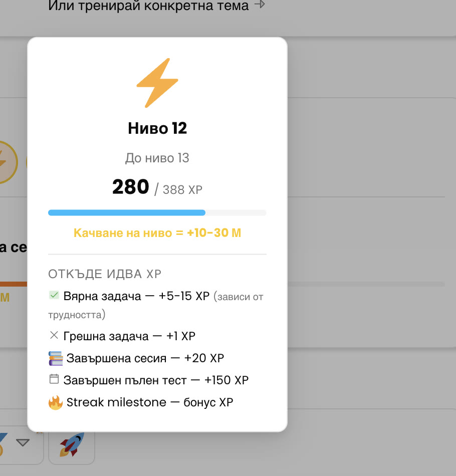 Отворен панел „Ниво 12“: 280 от 388 точки опит до следващото ниво и списък откъде идват — вярна задача 5 – 15, грешна задача 1, завършена сесия 20, завършен пълен тест 150.