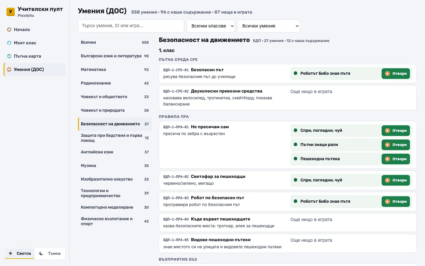 Уменията по безопасност на движението, свързани със „Спри, погледни, чуй“ и „Пътни знаци рали“.
